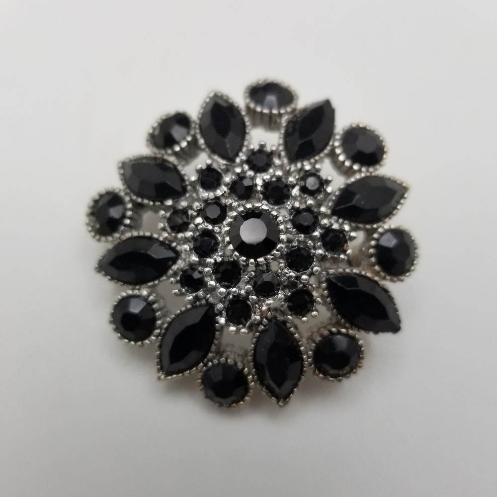 Black Rhinestone silver tone brooch